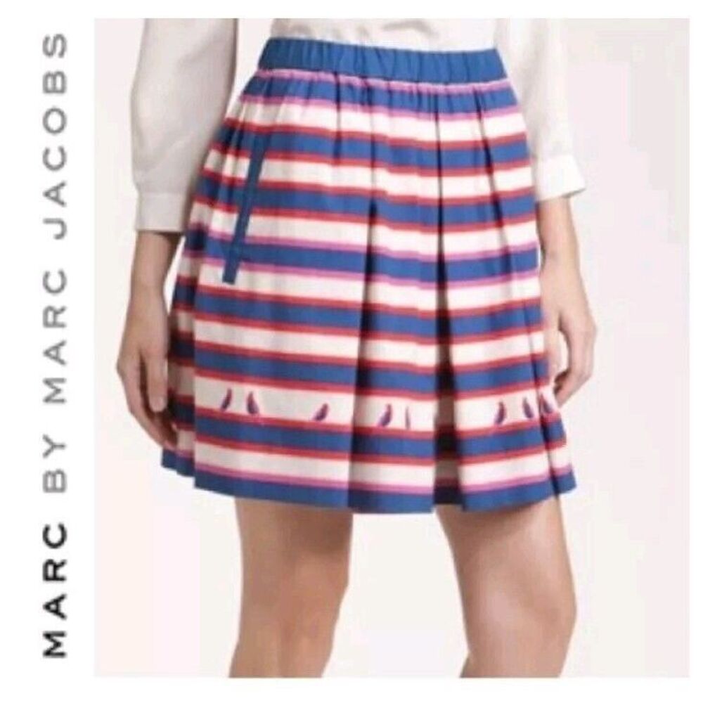 Marc By Marc Jacobs Striped‎ Red White Blue Mini Skirt Sz S Pockets Pleated EUC
